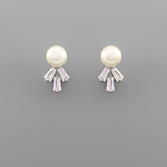 Pearl & 3 CZ Earrings - Picture 1 of 1